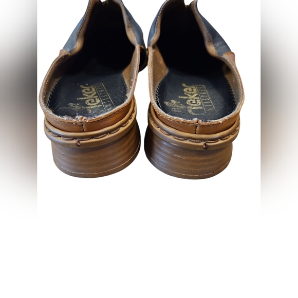 Rieker Antistress SZ 39/8.5 Closed Toe Slip On Leather Mule 1" Heel Blue/Tan - Picture 3 of 10